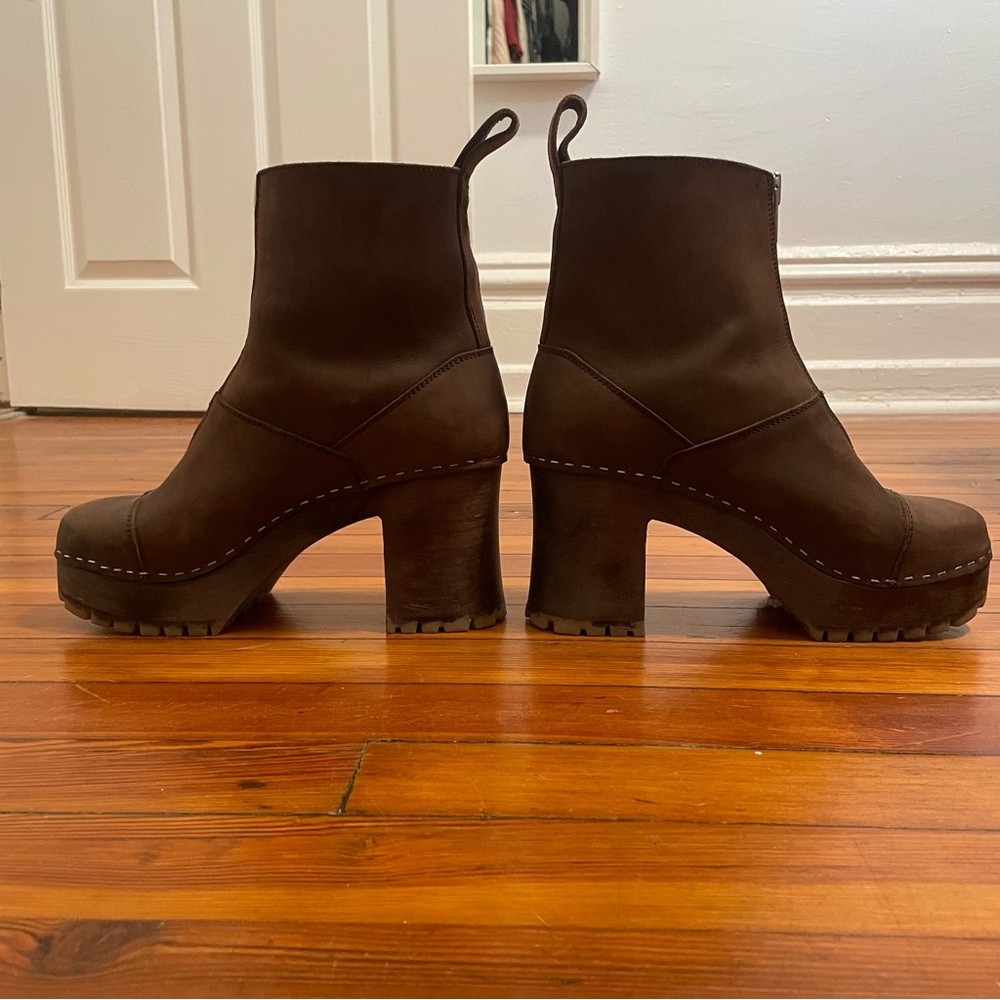 Swedish Hasbeens Zip Front Platform Clog Boot Scandi Size 41 Women Brown Nubuck - Picture 3 of 12